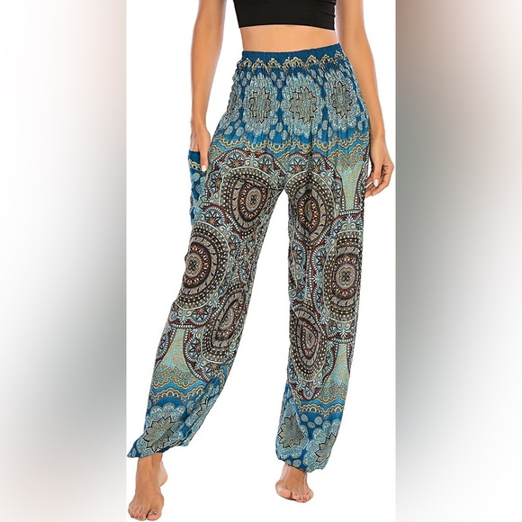 Blue Mandala Boho Smocked Waist Harem Pants Sz L/XL - Picture 4 of 12